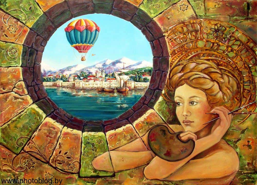 Художница творящая миры, картина-фантазия