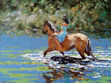Картина Лошадь с наездницей идет по воде, пейзаж
