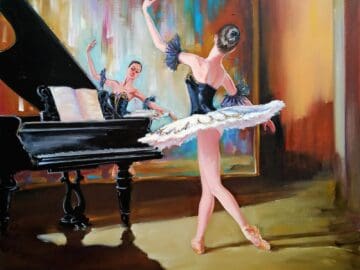 Балерина репетирует перед зеркалом у рояля, картина маслом