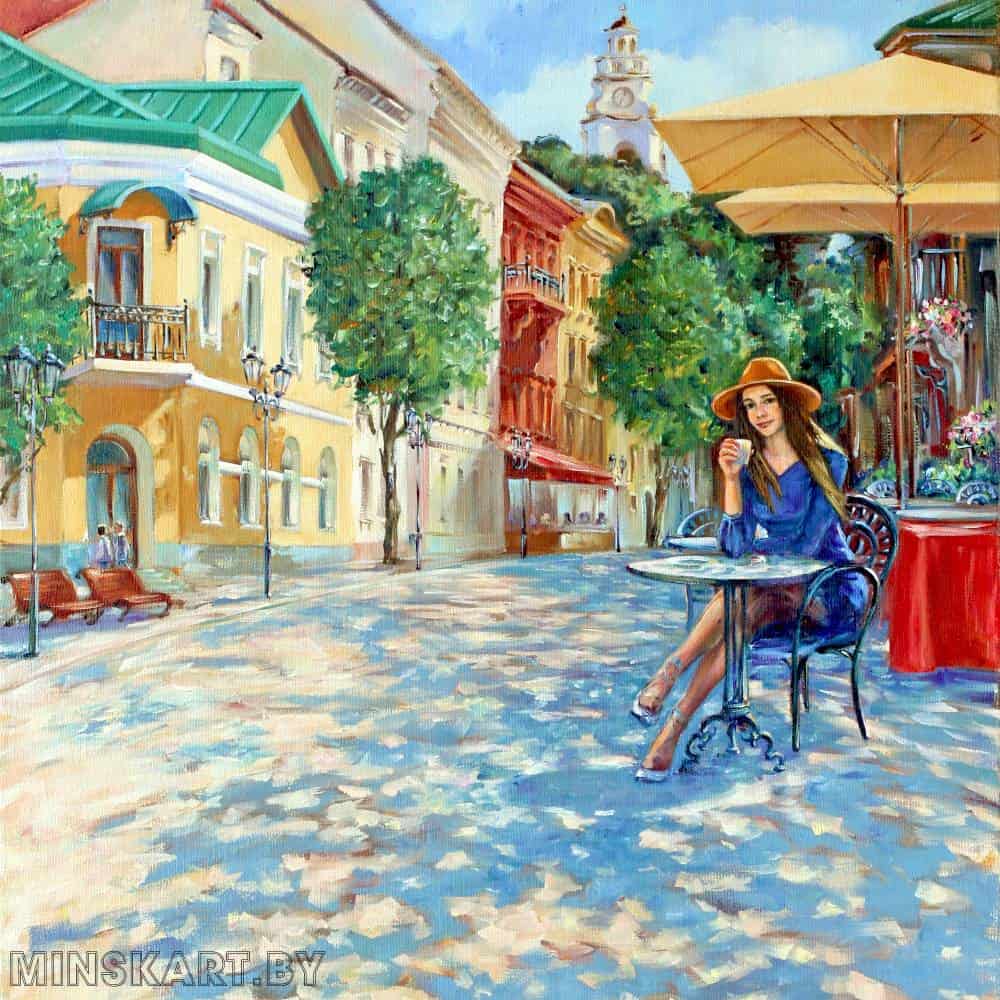 Девушка за столиком кафе на улочке Витебска. Картина маслом