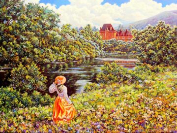 Девушка гуляет вдоль реки к замку на холме