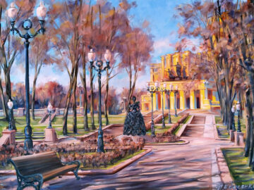 аллея у большого театра оперы и балета городской пейзаж маслом в Минске