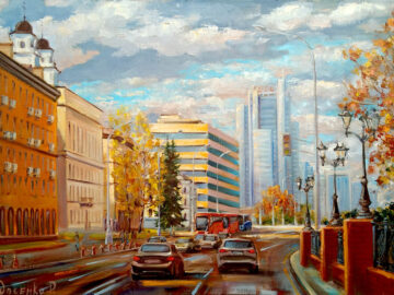 Улица Ленина, осенний Минск, городской пейзаж маслом