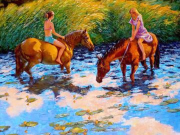 Купание в лучах заката, картина маслом на холсте