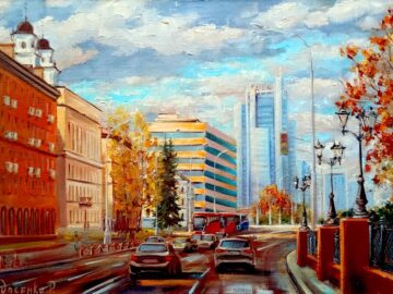 Улица Ленина, осенний Минск, городской пейзаж маслом
